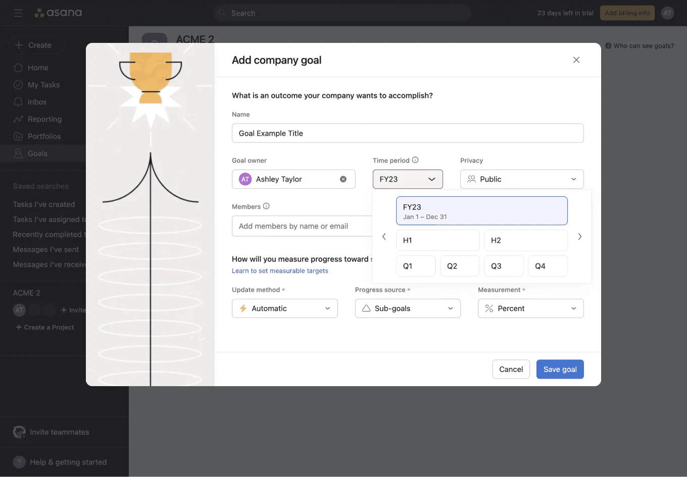 Asana Goals owner timeline