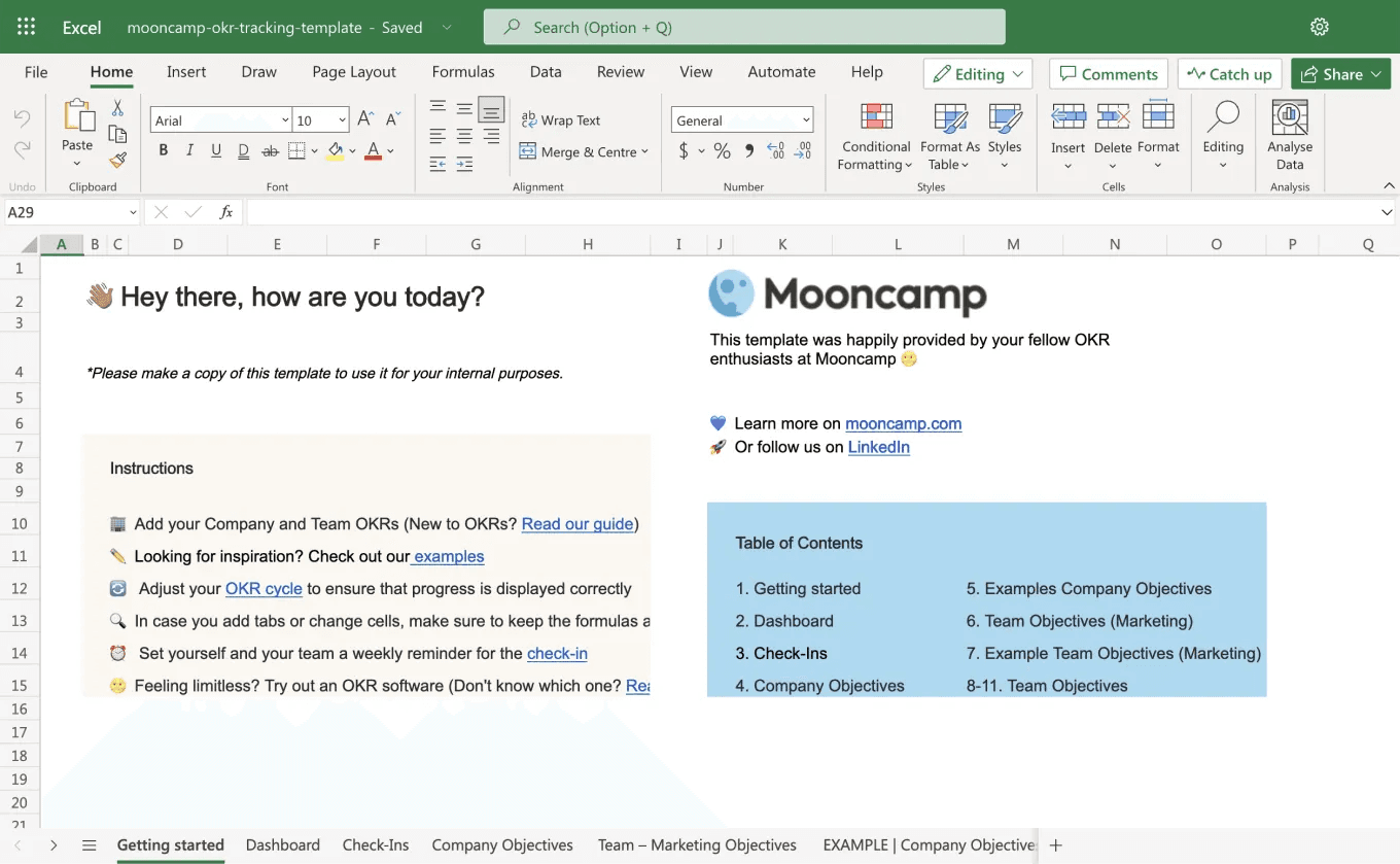 Excel OKR Template getting started
