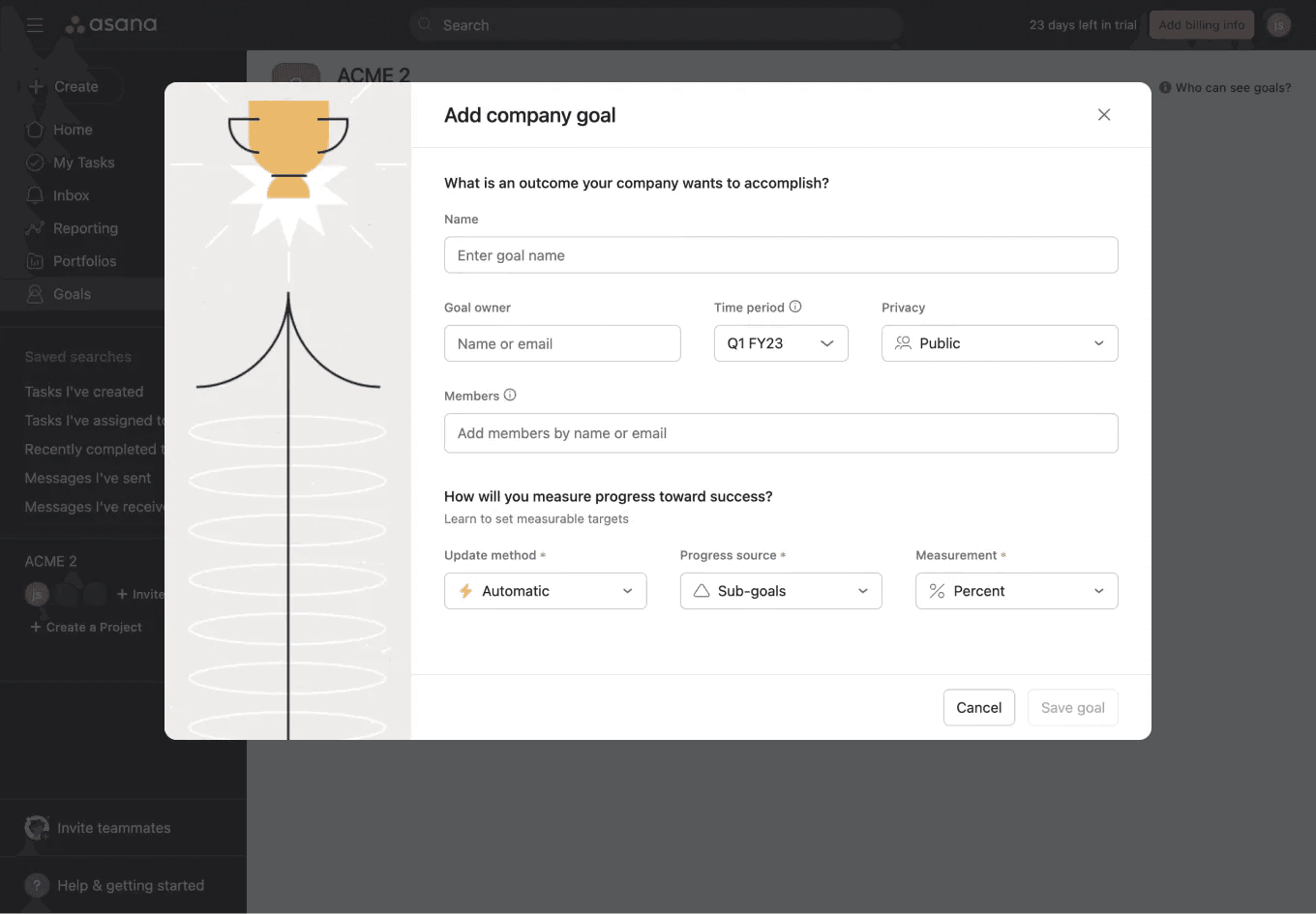 Asana Goals create goals